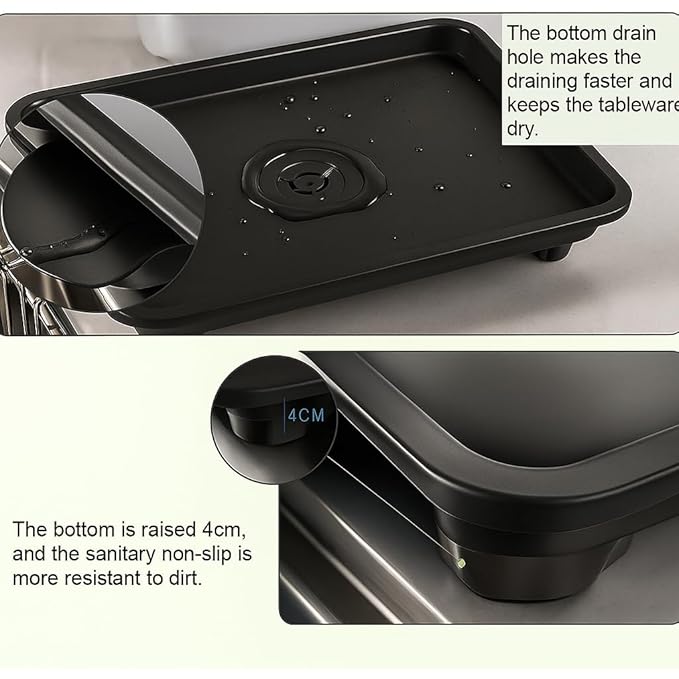 360 Degree Stainless Steel Utensil Basket, Drainer Dish Drainer Basket with Tray for Kitchen Vessel Drainer Rack, Dish Drying Rack with Tray and Cutlery Holder (Black)