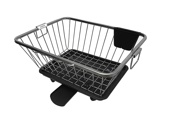 360 Degree Stainless Steel Utensil Basket, Drainer Dish Drainer Basket with Tray for Kitchen Vessel Drainer Rack, Dish Drying Rack with Tray and Cutlery Holder (Black)
