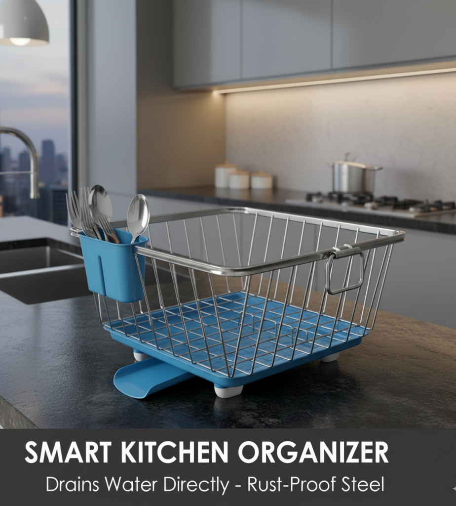 360 Degree Stainless Steel Utensil Basket, Drainer Dish Drainer Basket with Tray for Kitchen Vessel Drainer Rack, Dish Drying Rack with Tray and Cutlery Holder (Blue)