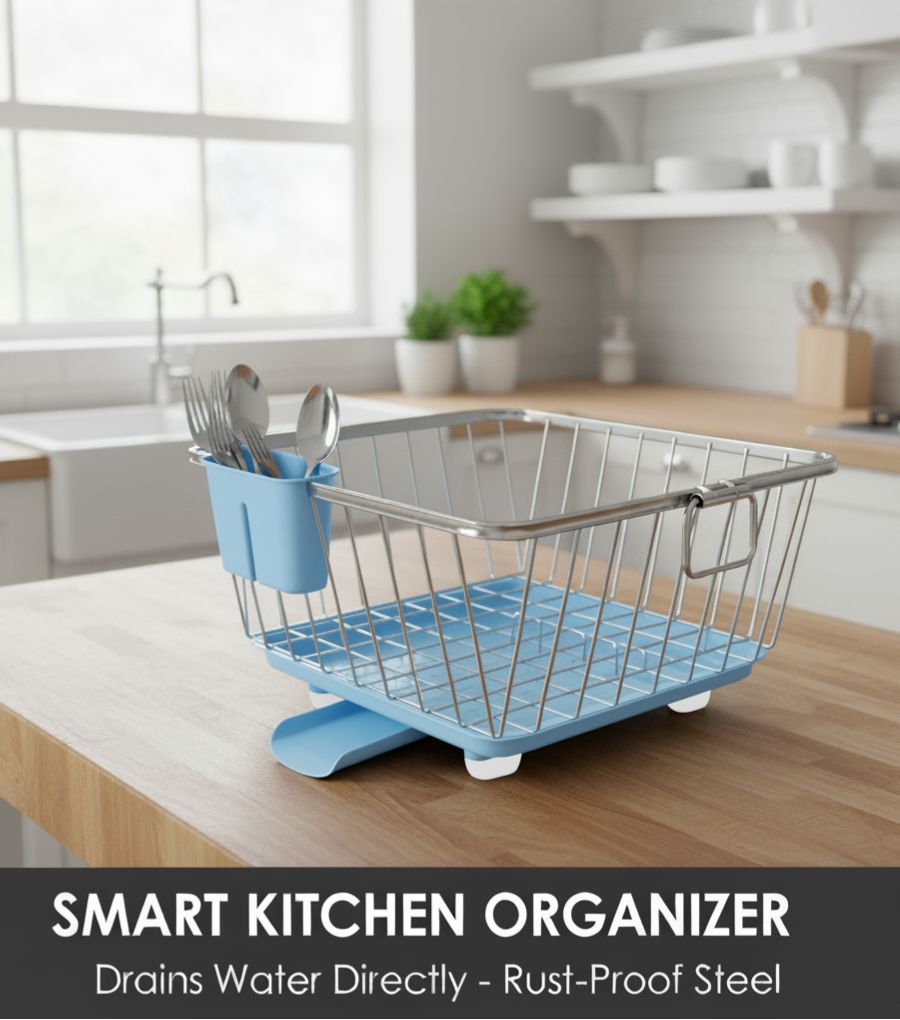 360 Degree Stainless Steel Utensil Basket, Drainer Dish Drainer Basket with Tray for Kitchen Vessel Drainer Rack, Dish Drying Rack with Tray and Cutlery Holder (Blue)