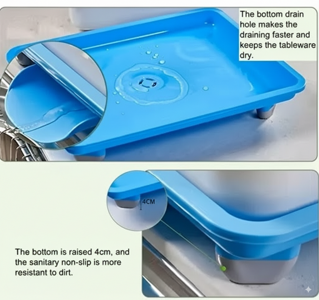 360 Degree Stainless Steel Utensil Basket, Drainer Dish Drainer Basket with Tray for Kitchen Vessel Drainer Rack, Dish Drying Rack with Tray and Cutlery Holder (Blue)