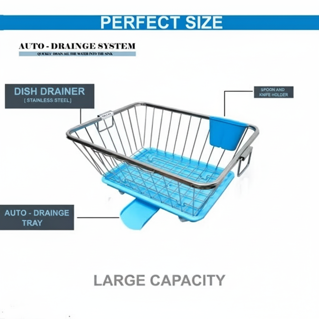 360 Degree Stainless Steel Utensil Basket, Drainer Dish Drainer Basket with Tray for Kitchen Vessel Drainer Rack, Dish Drying Rack with Tray and Cutlery Holder (Blue)