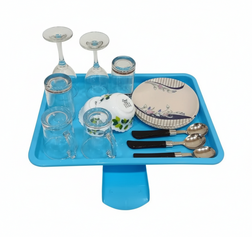 360 Degree Stainless Steel Utensil Basket, Drainer Dish Drainer Basket with Tray for Kitchen Vessel Drainer Rack, Dish Drying Rack with Tray and Cutlery Holder (Blue)