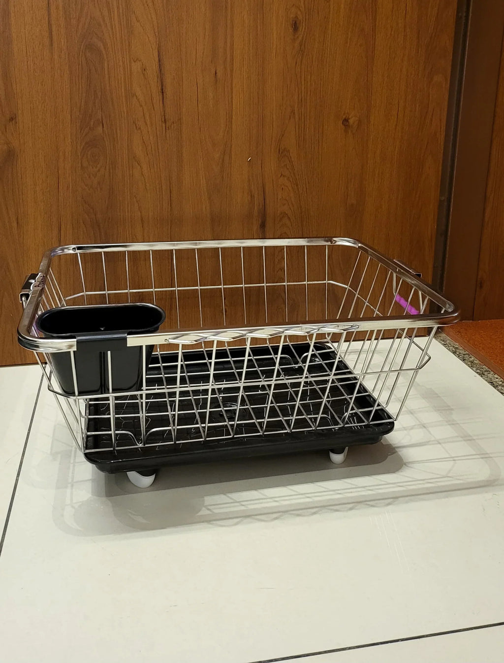 360 Degree Stainless Steel Utensil Basket, Drainer Dish Drainer Basket with Tray for Kitchen Vessel Drainer Rack, Dish Drying Rack with Tray and Cutlery Holder (Black)