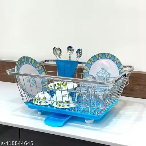 360 Degree Stainless Steel Utensil Basket, Drainer Dish Drainer Basket with Tray for Kitchen Vessel Drainer Rack, Dish Drying Rack with Tray and Cutlery Holder (Blue)